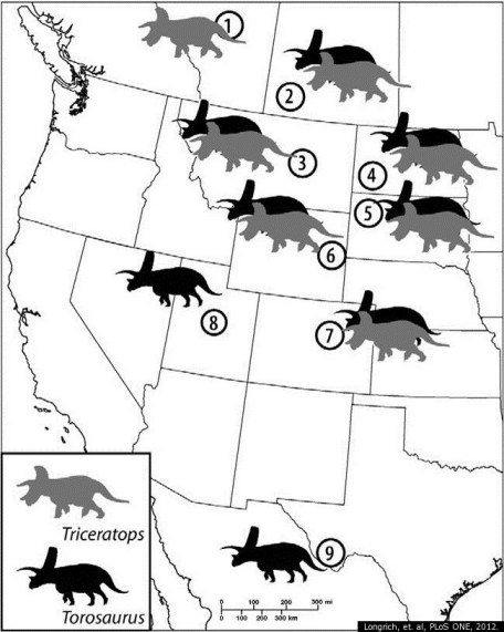Distribution of Torosaurus and Triceratops specimens in North America (source)